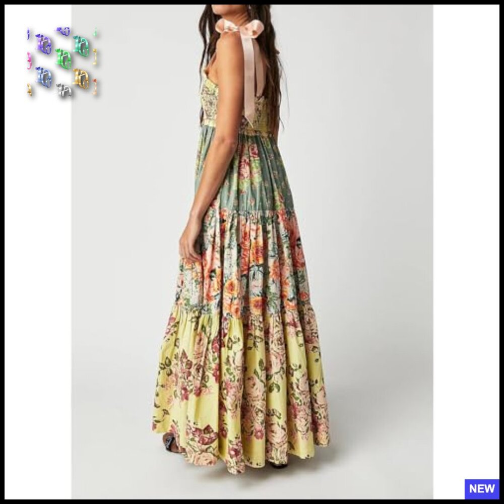 Boho Floral Maxi Dress Smocked Bodice Tiered Skirt Tie Shoulder Pockets - Picture 5 of 6